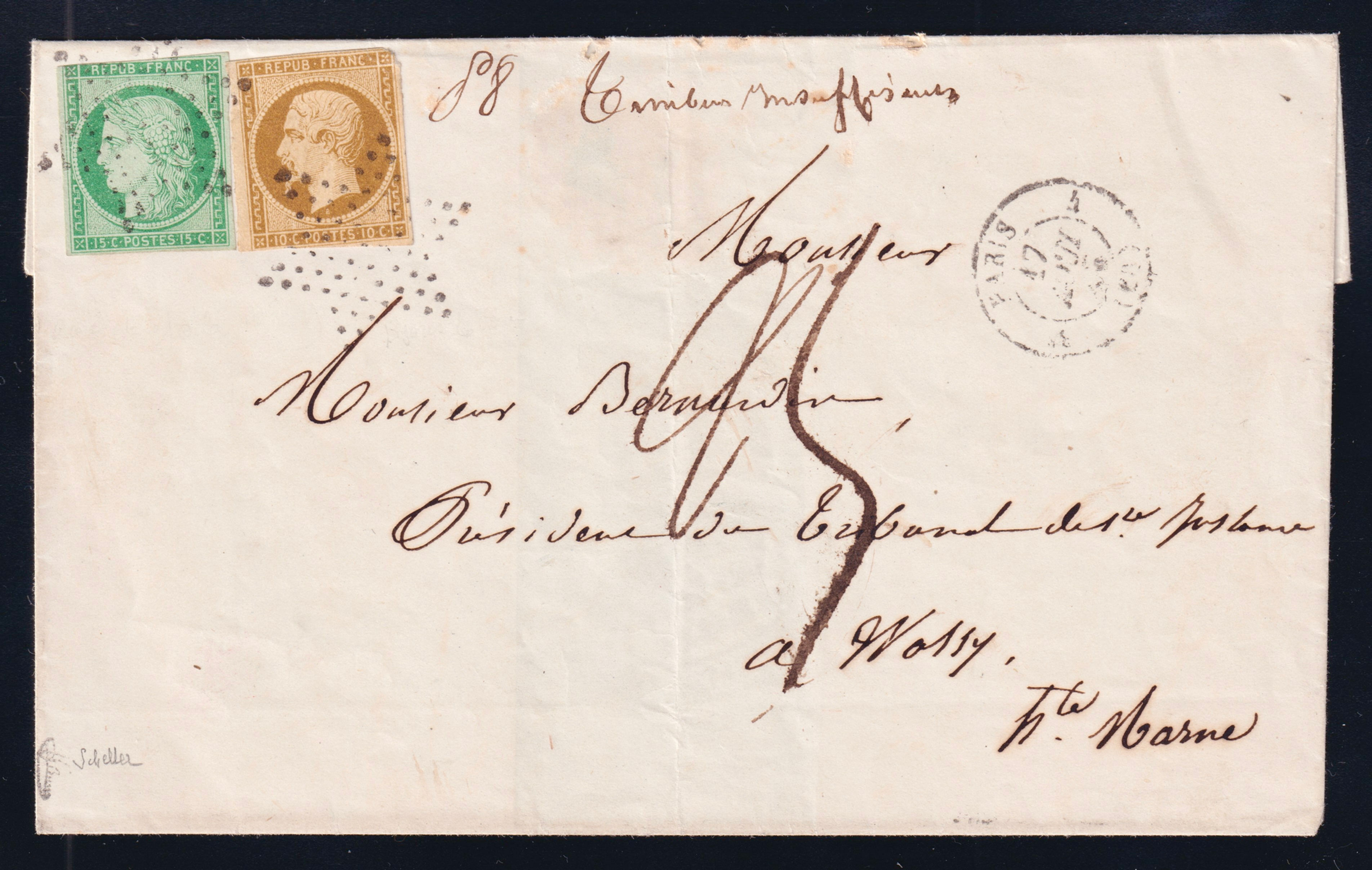 Lot 1752 - n°2 Cérès 15c vert + n°9a BISTRE-BRUN s/ lettre TAXE 25c - Certificat