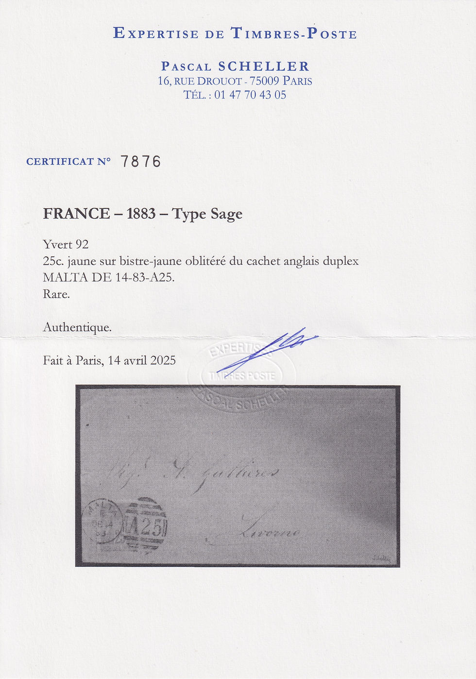 Miniature : Lot 748 - n°92 s/ lettre obl. cachet anglais DUPLEX MALTA A25 - Certif. Scheller