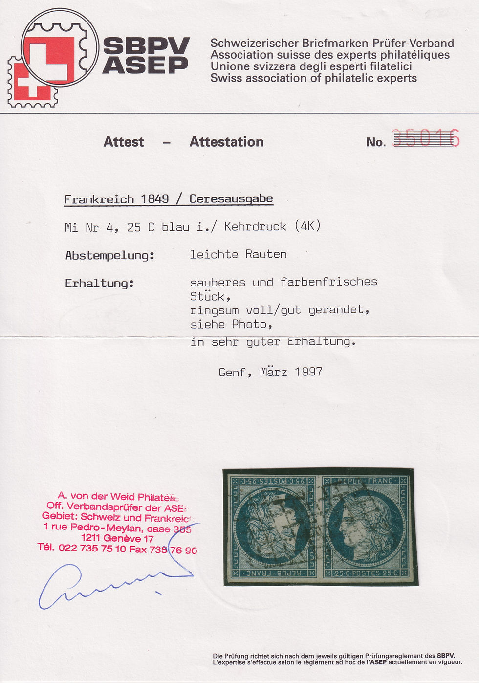 Thumbnail: Lot 882 - n°4c Cérès 25c bleu tête-bêche 1er choix - Signée (x4) / Certificats