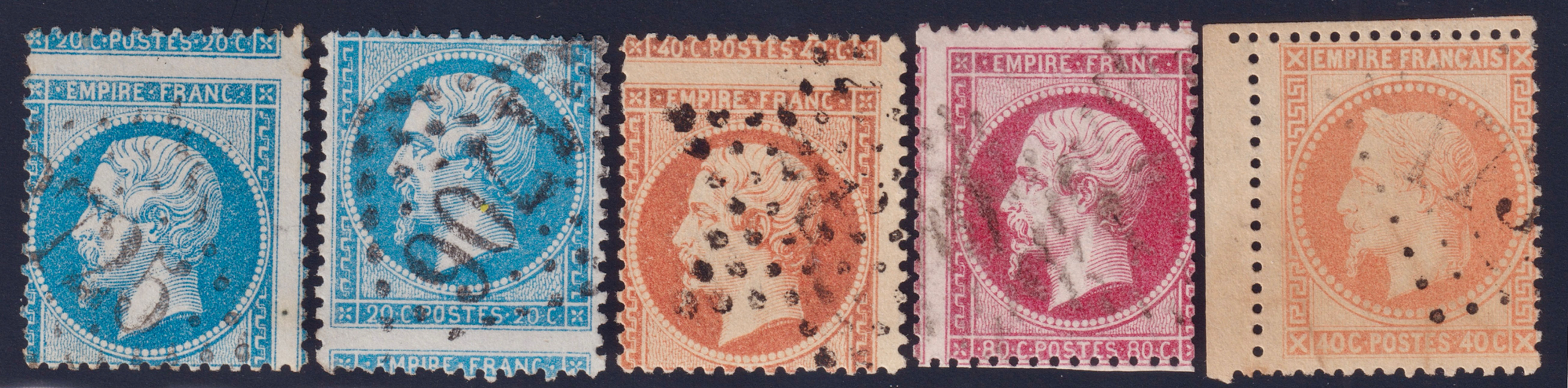 Lot 1721 - Lot de 5 classiques variété PIQUAGES DÉCALÉS 22,24,28,32 TB