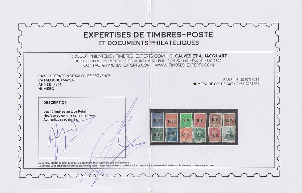 Thumbnail: Lot 854 - Libération Salon de Provence série RR 60ex Pétain ** - Signé / Certi