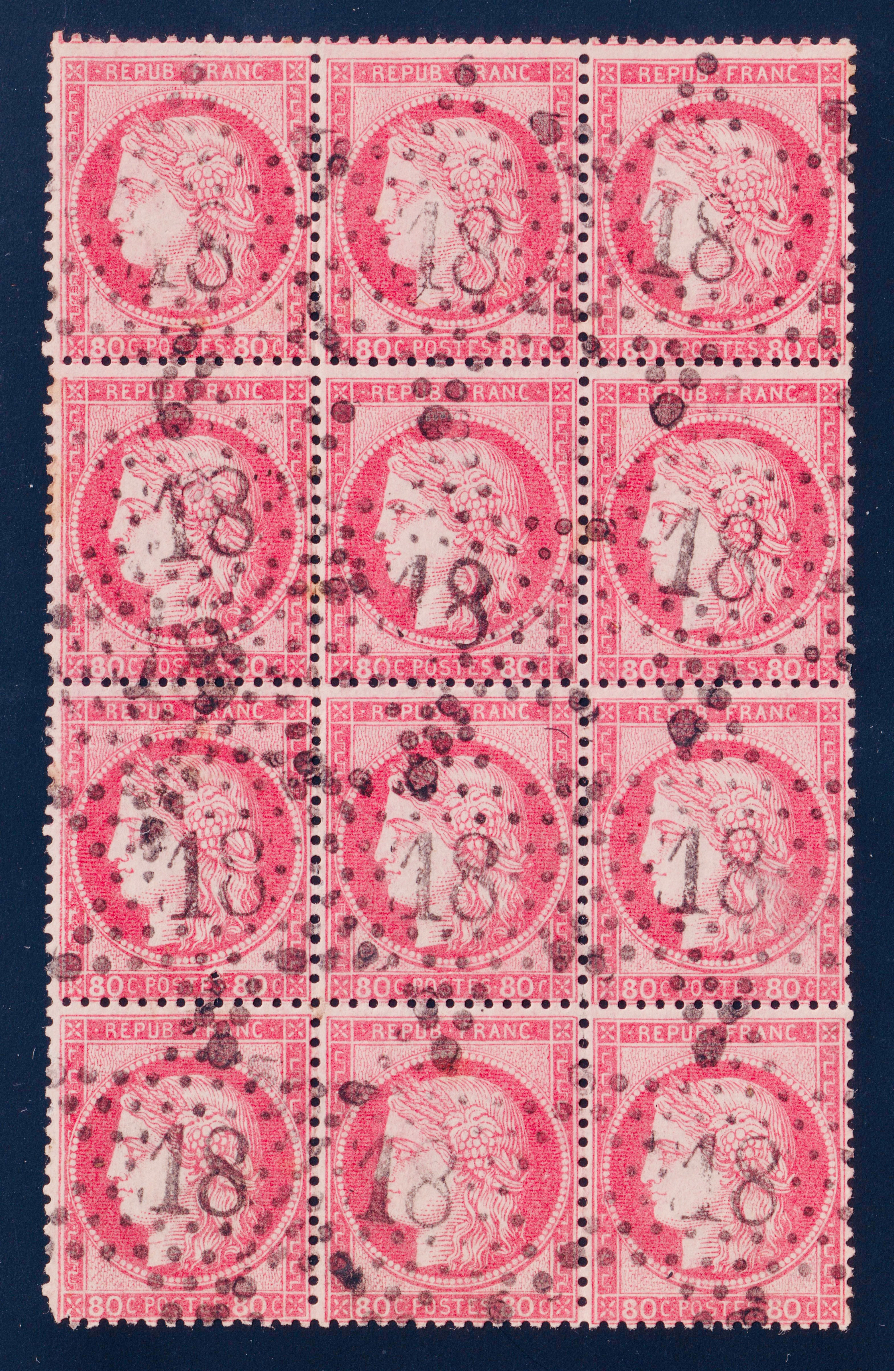 Lot 1921 - n°57 Cérès 80c rose obl. ÉTOILE 18 bloc de 12 TB - Signé Scheller