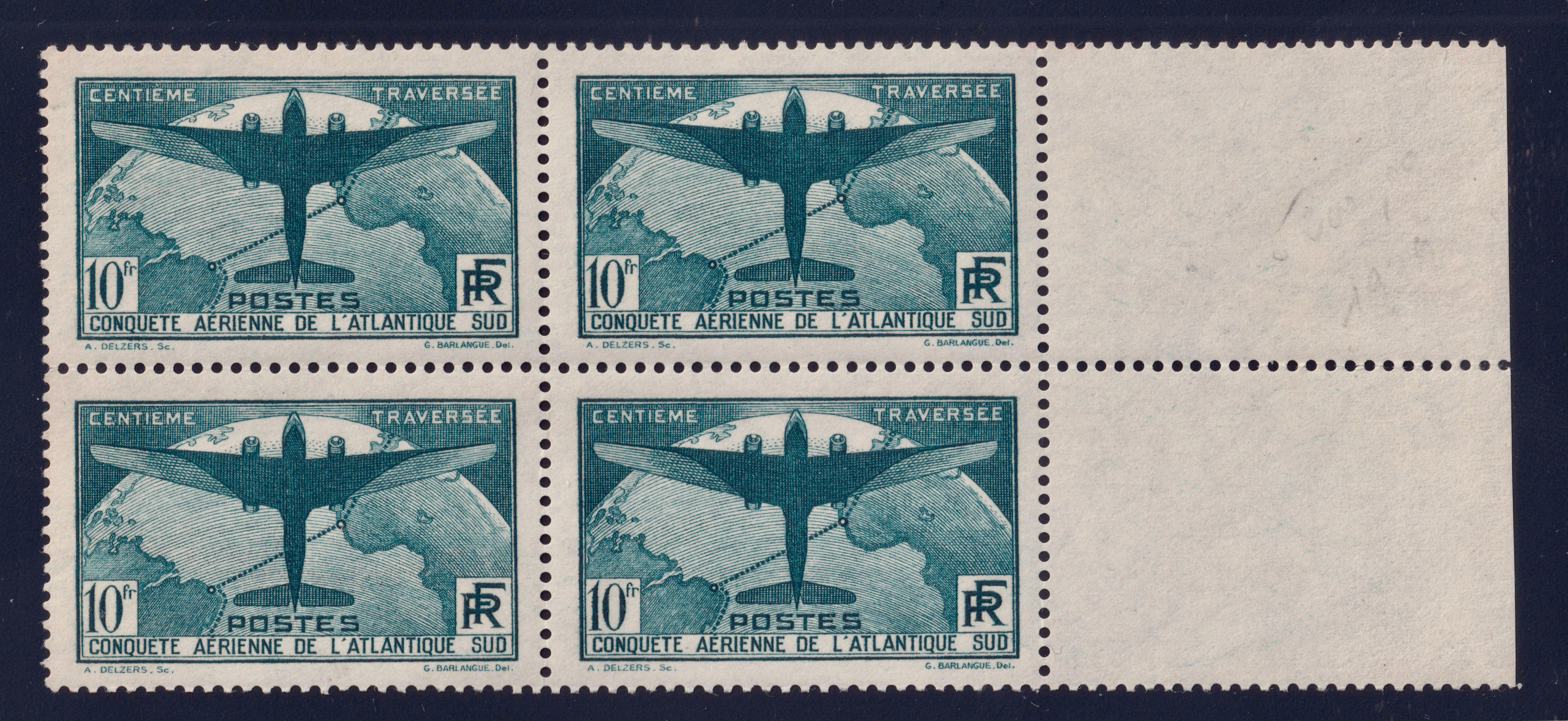 Lot 1652 - n°321 Traversée de l'Atlantique 10fr neuf** bloc de 4 - Signé Schelle