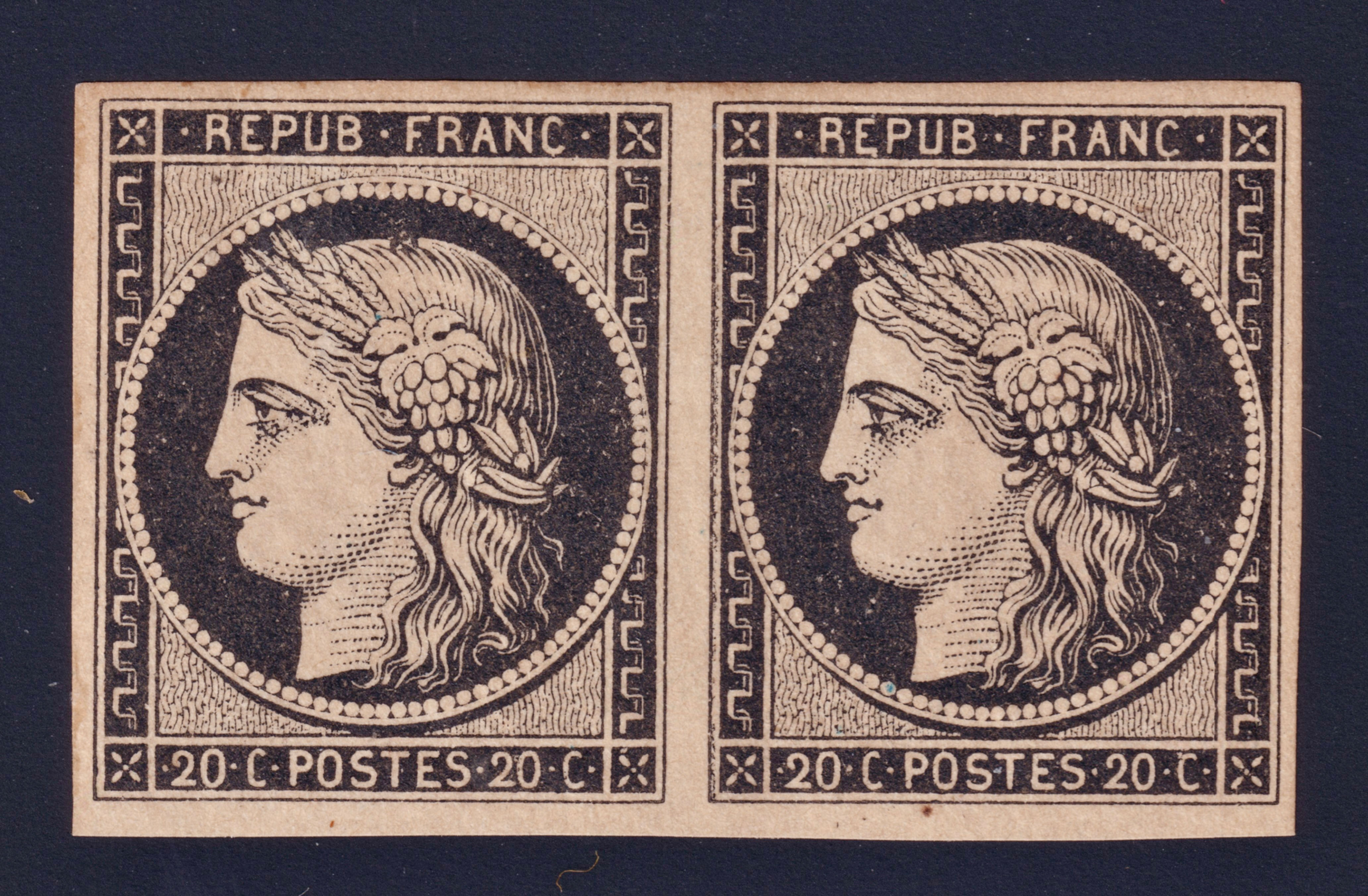 Lot 1509 - n°3 Cérès 20c noir s/jaune en paire neuve * TB belles marges