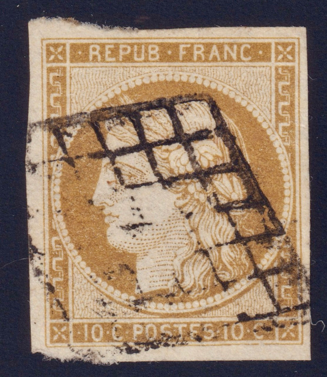 Lot 1785 - n°1 Cérès 10c bistre-jaune oblitéré grille TB - Signé Scheller