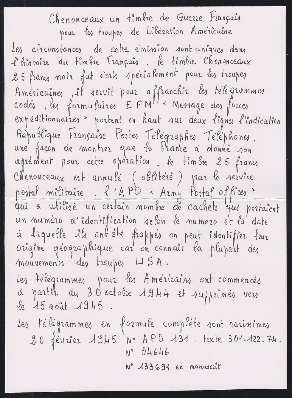 Thumbnail: Lot 1612 - Libération Chénonceaux s/ formule télégraphique FR TB - Signé Calves