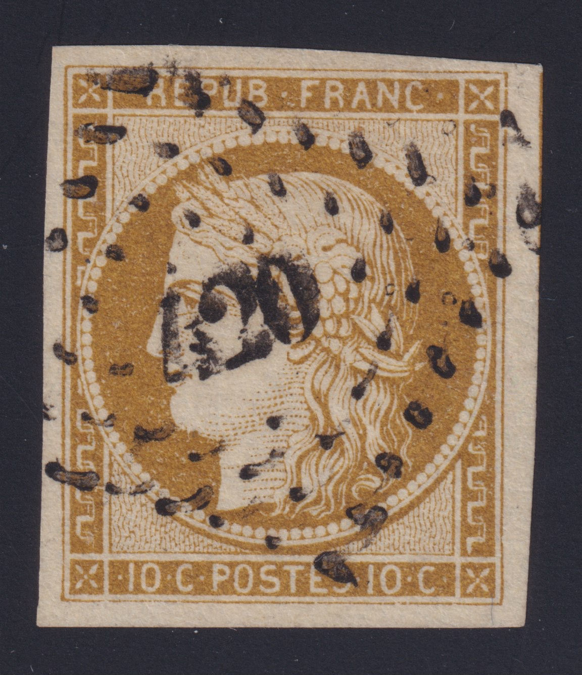 Lot 1141 - n°1 Cérès 10c bistre-jaune obl. pc 420 TB - Signé Scheller