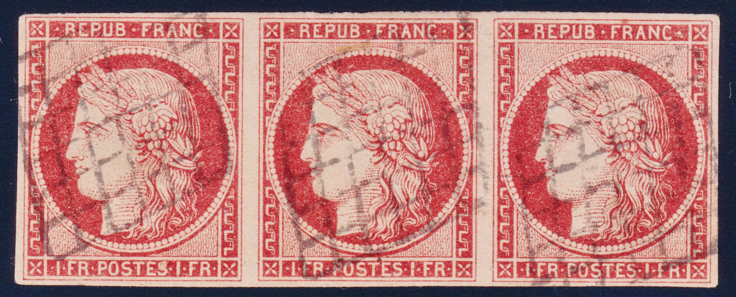 Lot 1951 - n°6B Cérès 1fr CARMIN-BRUN bande de 3 oblitérée TB - Signée / Certif.