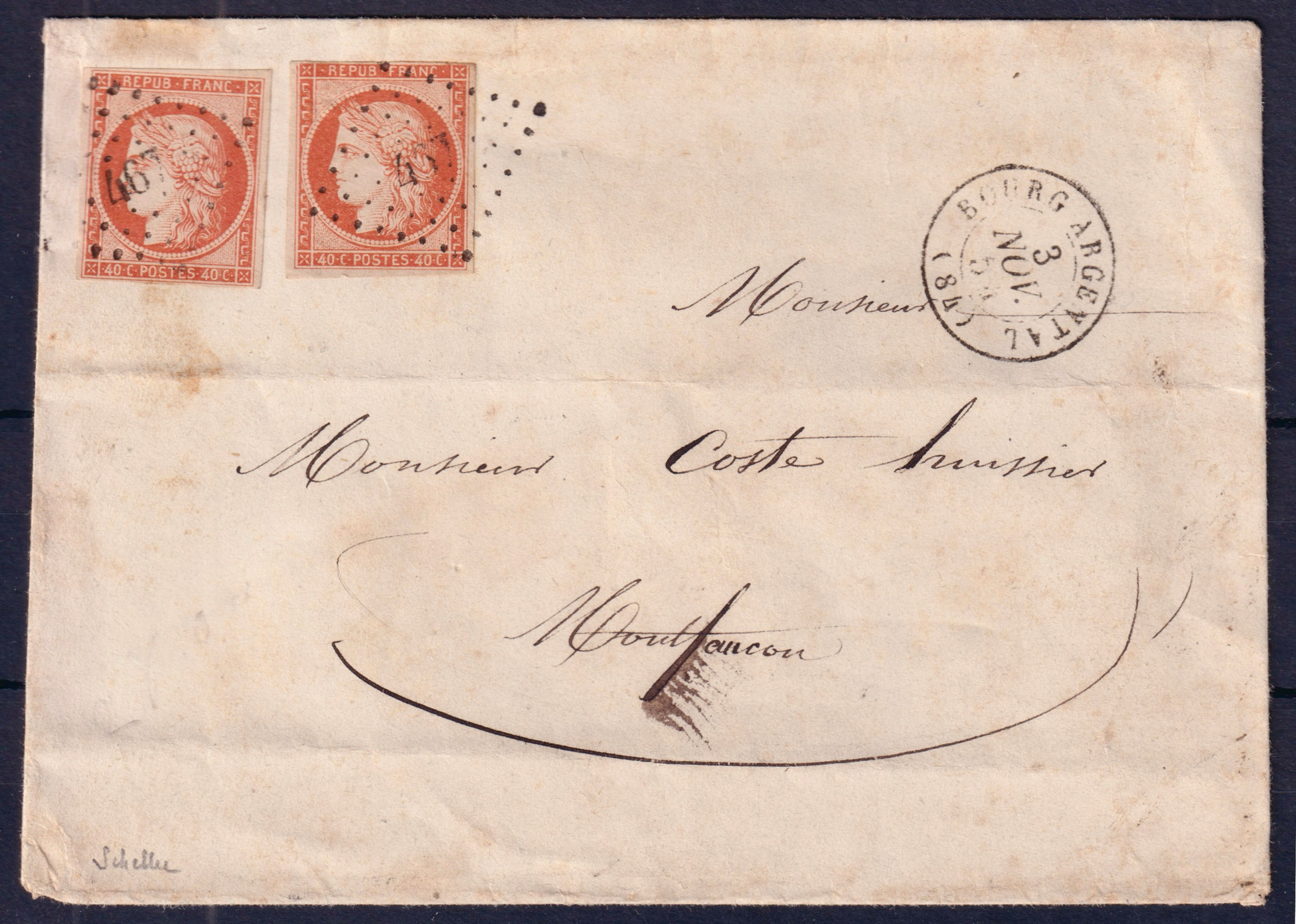 Lot 1765 - n°5 Cérès 40c orange x2 obl. pc 467BOURG ARGENTAL 1 TB - Signé