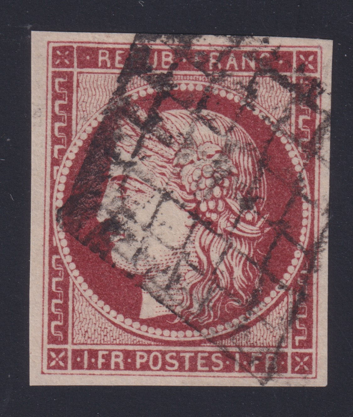 Lot 1067 - n°6B Cérès 1fr carmin brun obl. Grille SUP - Signé Scheller