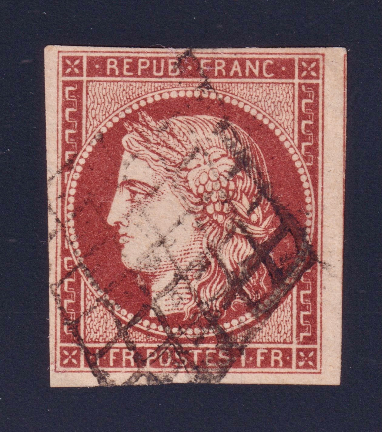 Lot 1763 - n°6B Cérès 1fr CARMIN-BRUN oblitéré grille TB - Signé Brun / Scheller