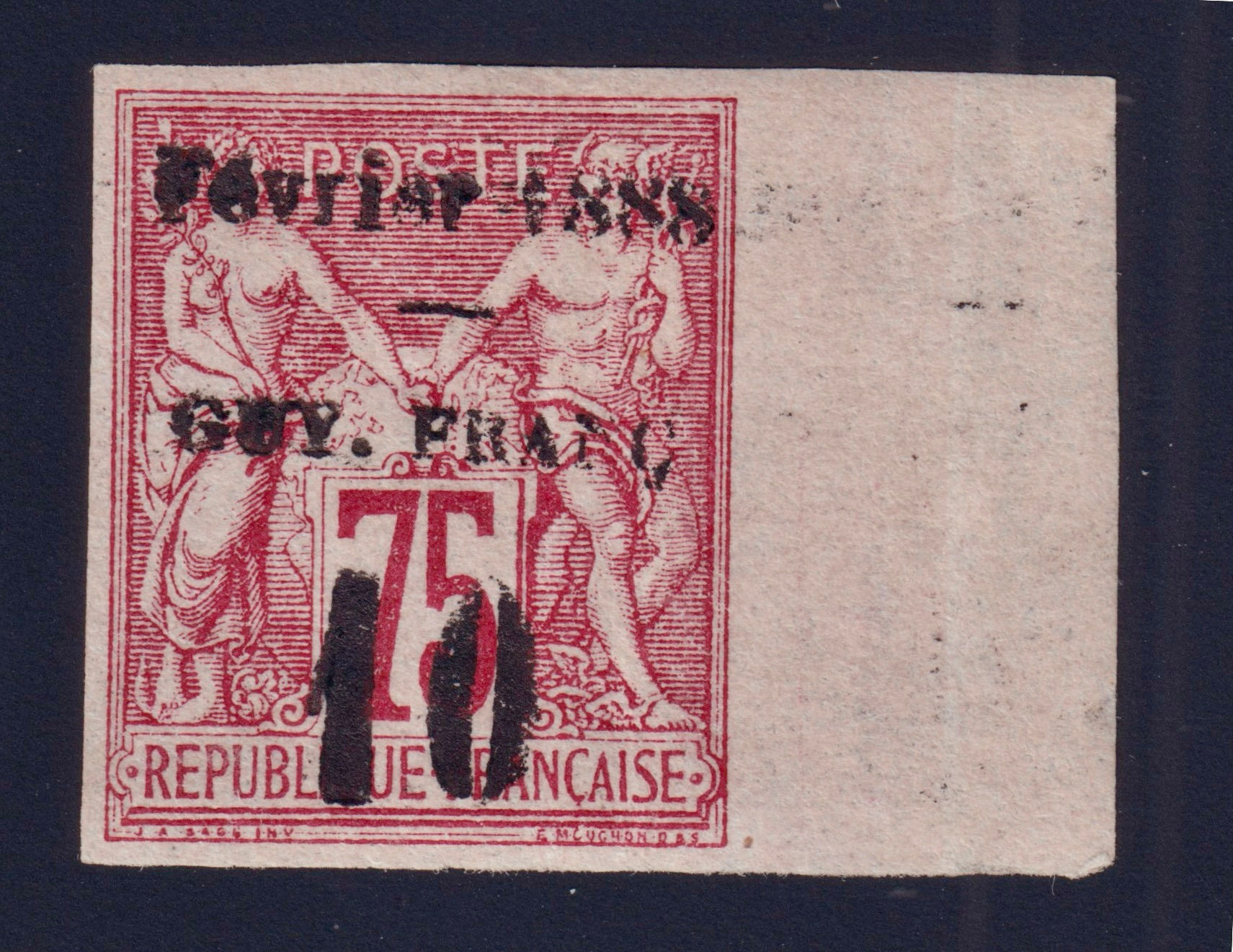 Lot 1358 - Guyane n°9a 10c sur 75c carmin 1888 neuf* BDF TB - Signé Scheller