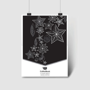 Black poster with stars, CoffeeBook text, decorative graphic design, white background.