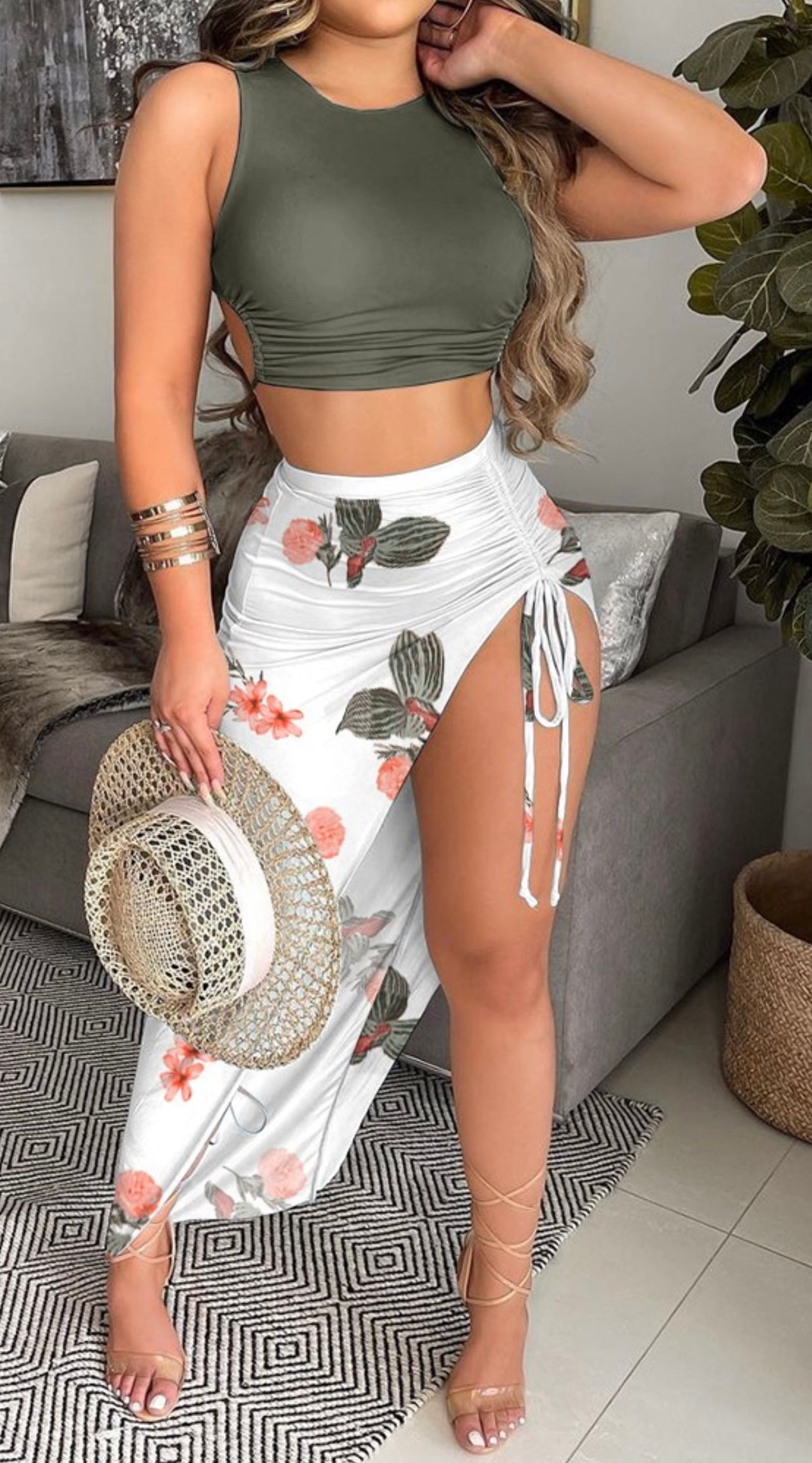 OLIVE CUTOUT RUCHED TOP N FLORAL HIGH SLIT DRAWSTRING SKIRT