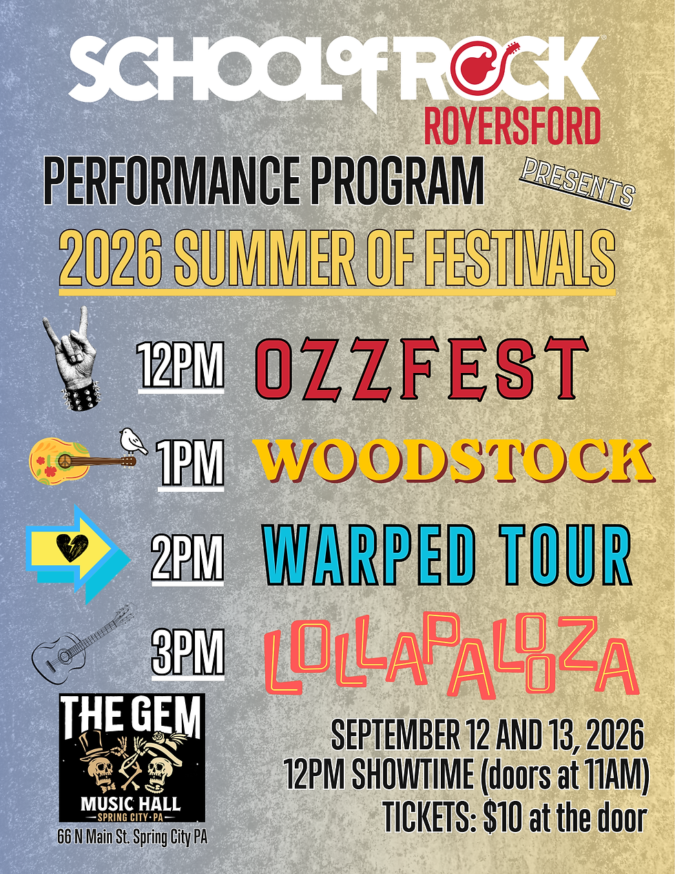 School of Rock Royersford presents 2026 Summer of Festivals - Ozzfest, Woodstock, Warped Tour and Lollapalooza