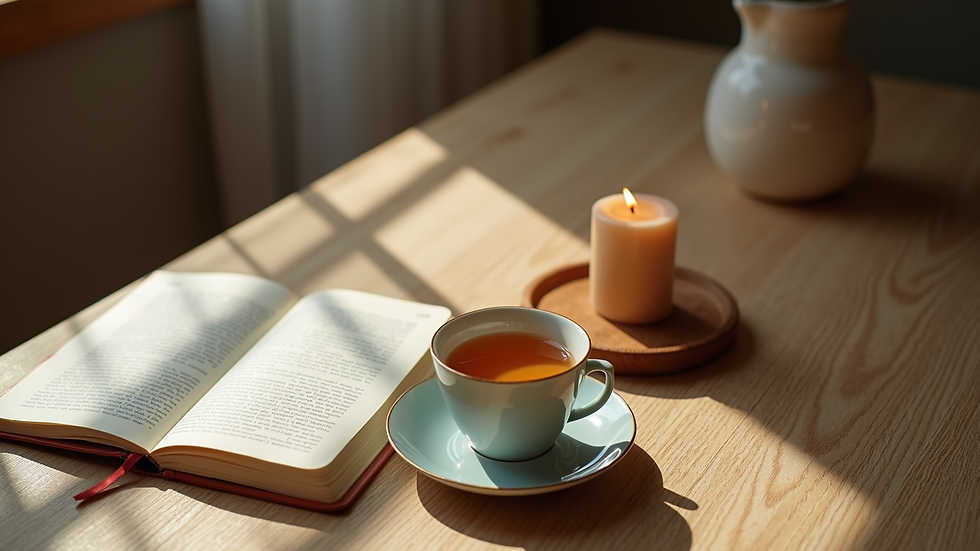 High angle view of a peaceful morning routine with tea, journal, and candle