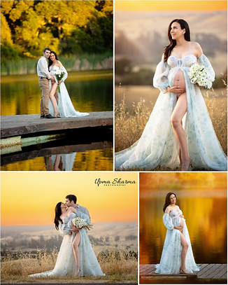 collage of four maternity photos. an expecting couple standing on a dock with trees in the background. an expecting couple standing in fron of a mountain at sunset. a pregnant woman in a flowing white dress standing in a field in front of a mountain with an orange sky.