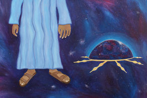 A starry blue and purple sky, torso down of a representation of God/Jesus, and a glowing half orb with a golden and bronze base
