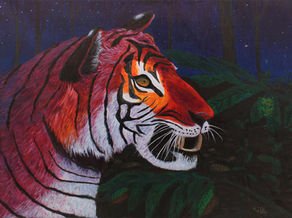 A tiger looks in the distance ahead at night in a forest where a few spots of moonlight shine through on the plants and his eye. Orange, purple, and reds come through as the rest of his coat is in the shade.