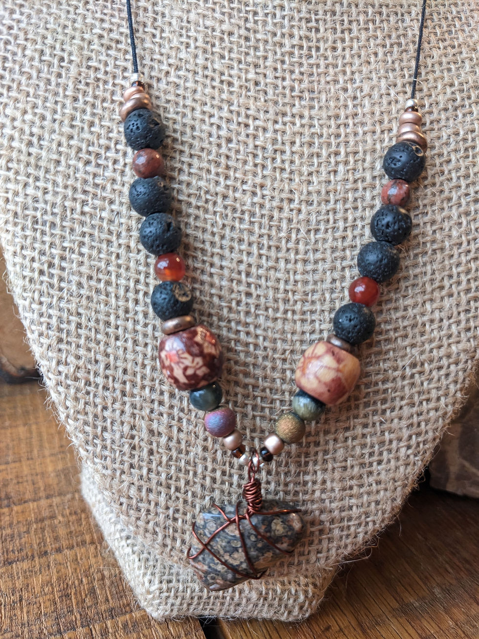 Thumbnail: Red Leopard Skin Jasper & Lava Rock Aromatherapy Necklace