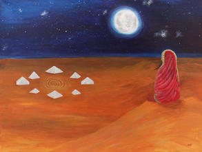 A woman with a silk red sari sits cross-legged atop a sand dune, overlooking 8 crystal pyramids, arranged around a spiral in the sand. The full moon shines brightly in the night sky.