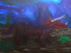 A triceratops blends in with the starry sky above while standing on rocky ground with a small reflective lake, pine tree, and plants.