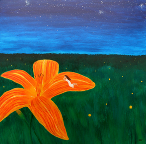 A girl in a white dress rests on an orange daylily in a field of fireflies, grass, under a starry sky