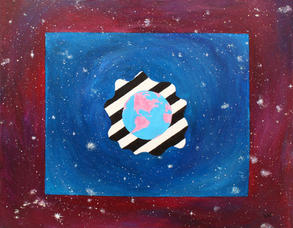 Earth is centered with Pink land, light blue water. parallel white and black lines in an abstract wavy blob surround it, blue galaxies surround that, maroon galaxies surround that.