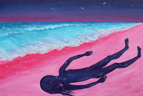 A woman made of universes lies on a pink beach looking up to the sky 

merch and the original will be available soon