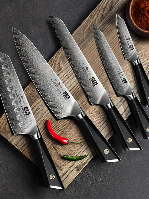 SHAN ZU Damascus Knife Set with Block Overview