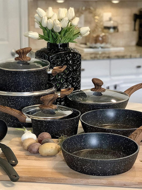 Overview of the Kitchen Academy Induction Hob Pots and Pans Set - 12 Piece Black Granite Cookware Set