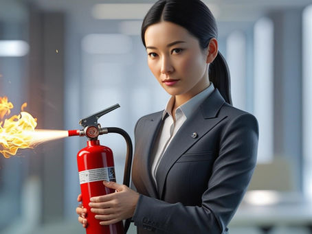 woman holding fire extinguisher that is expelling fire