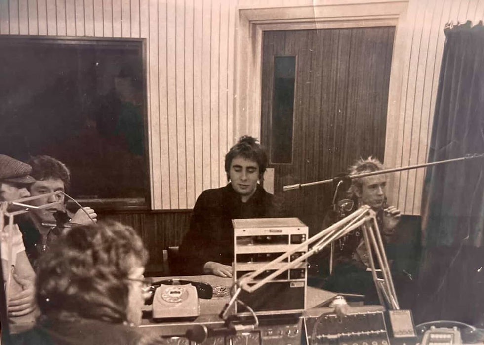 L-R Abe Ginsberg, Steve Jones, Roger Finnigan, Glen Matlock, John Lydon.