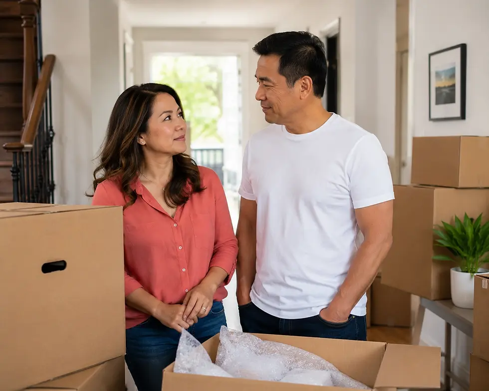 Filipino Canadian couple in their mid 40s discussing whether to sell their Ontario home before buying another surrounded by moving boxes