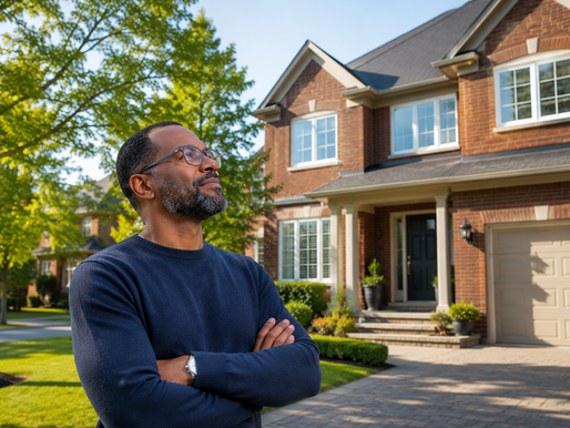 Black homeowner in his 40s standing in front of a brick Ontario home evaluating its market value before selling