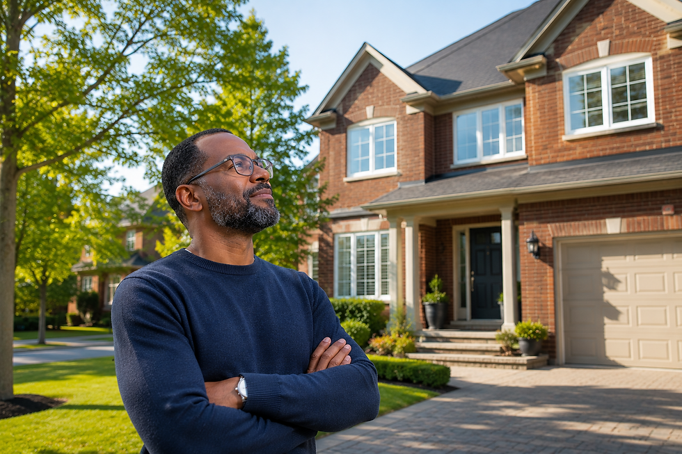 Black homeowner in his 40s standing in front of a brick Ontario home evaluating its market value before selling