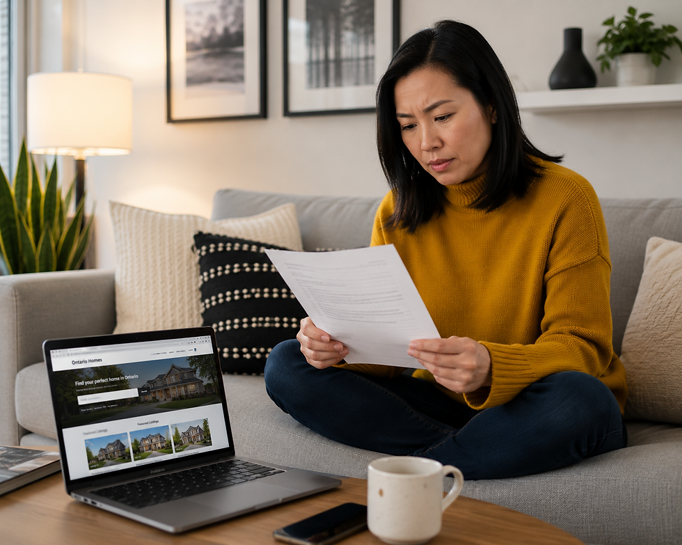 Chinese Canadian woman in her 40s reviewing realtor commission documents at home in Ontario before deciding how to sell her house
