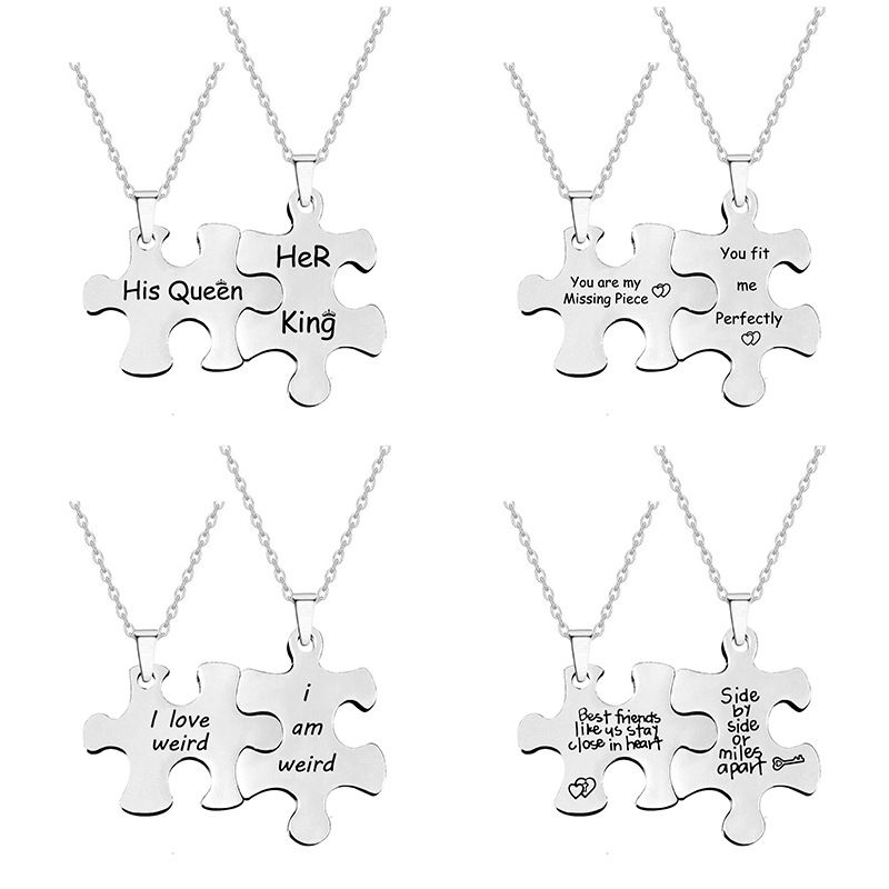 Thumbnail: Blank lovers couple metal pendant stainless steel puzzle shaped necklace