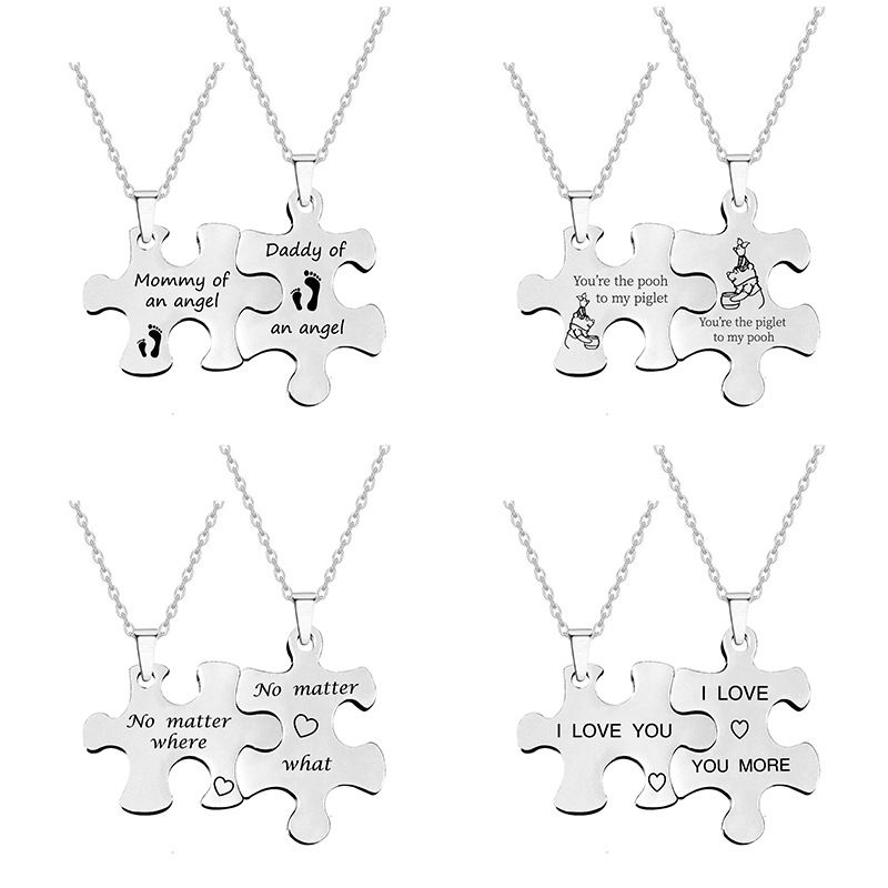 Thumbnail: Blank lovers couple metal pendant stainless steel puzzle shaped necklace