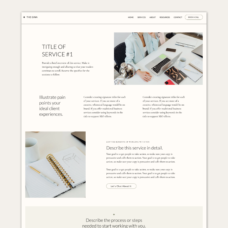 Webpage for 'THE GRID' showing 'TITLE OF SERVICE #1', illustrating pain points.