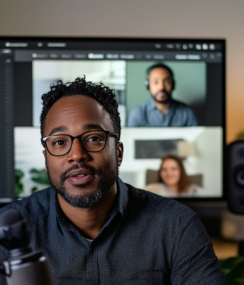 Man with glasses in the foreground participates in a video call, with two blurred participants on the screen behind him. Mood is focused.
