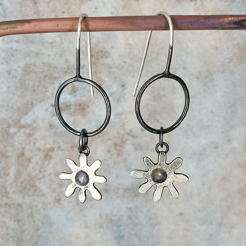 Silver daisy on a hoop drop earring