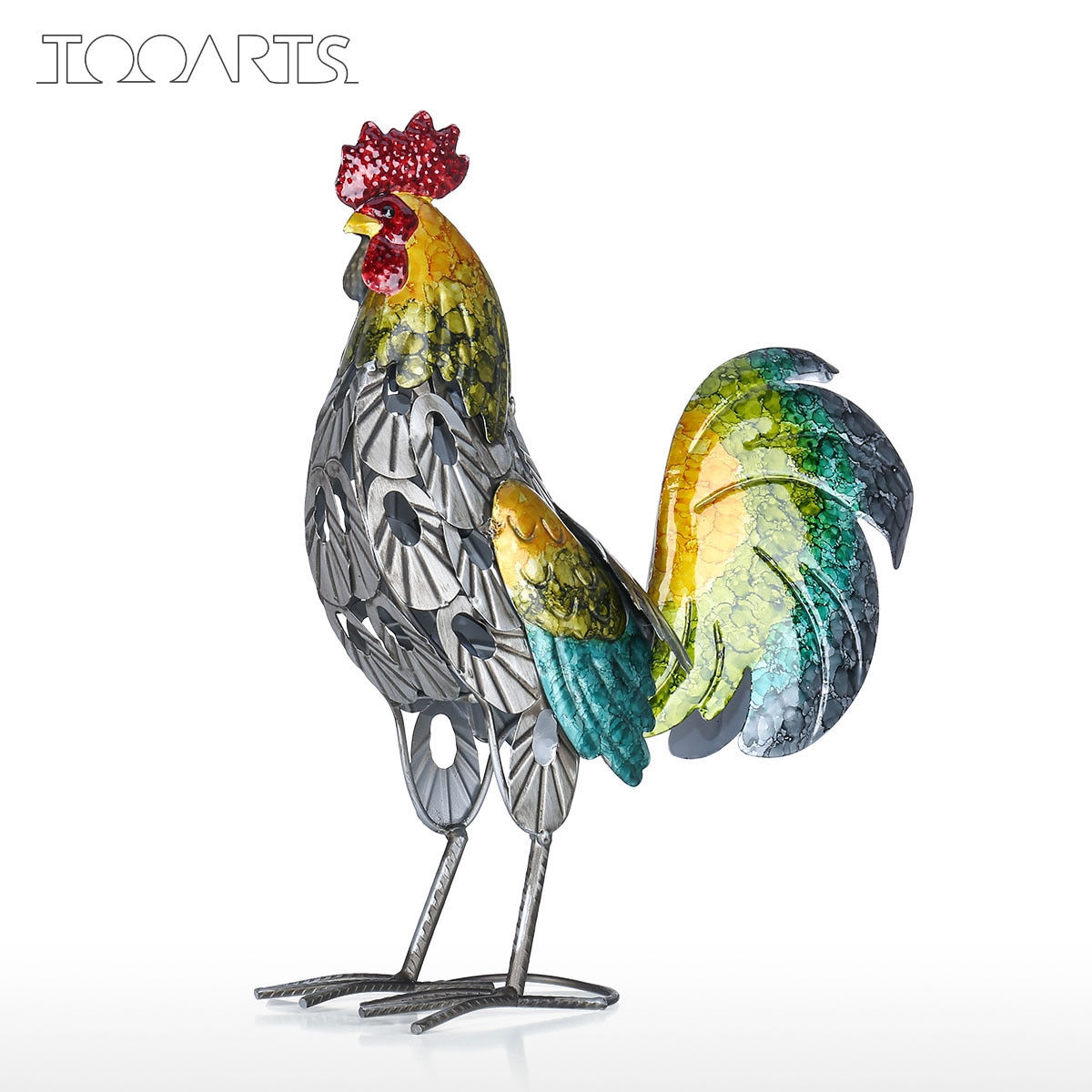Tooarts Metal Figurine Rooster Sculpture Carved Iron Rooster Home Furnishing Ar