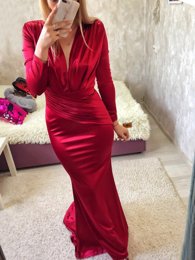 Thumbnail: Romagic Elegant V Neck Ruched Wedding Evening Dress Satin Full Sleeve Low Cut P