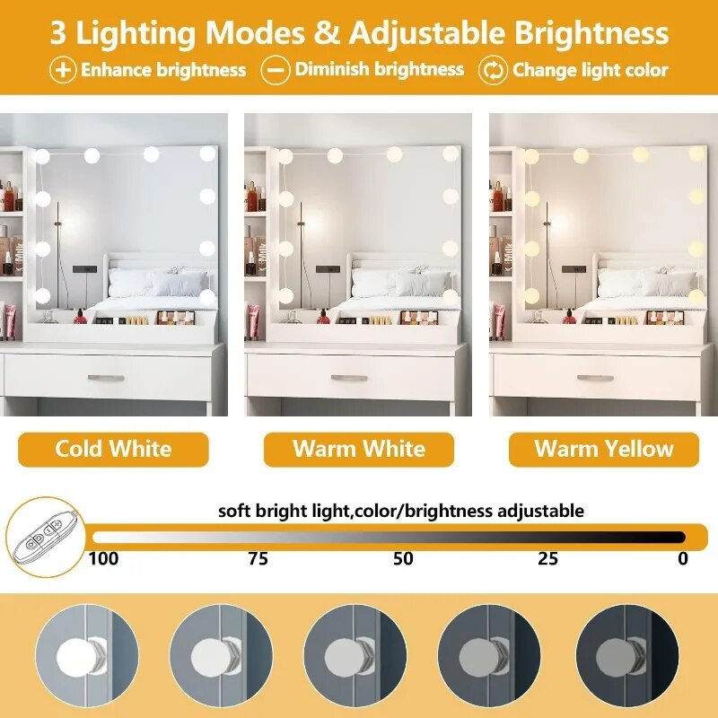 Thumbnail: Fameill White Vanity Desk with Mirror and Lights,Makeup Vanity with 2 Drawers L