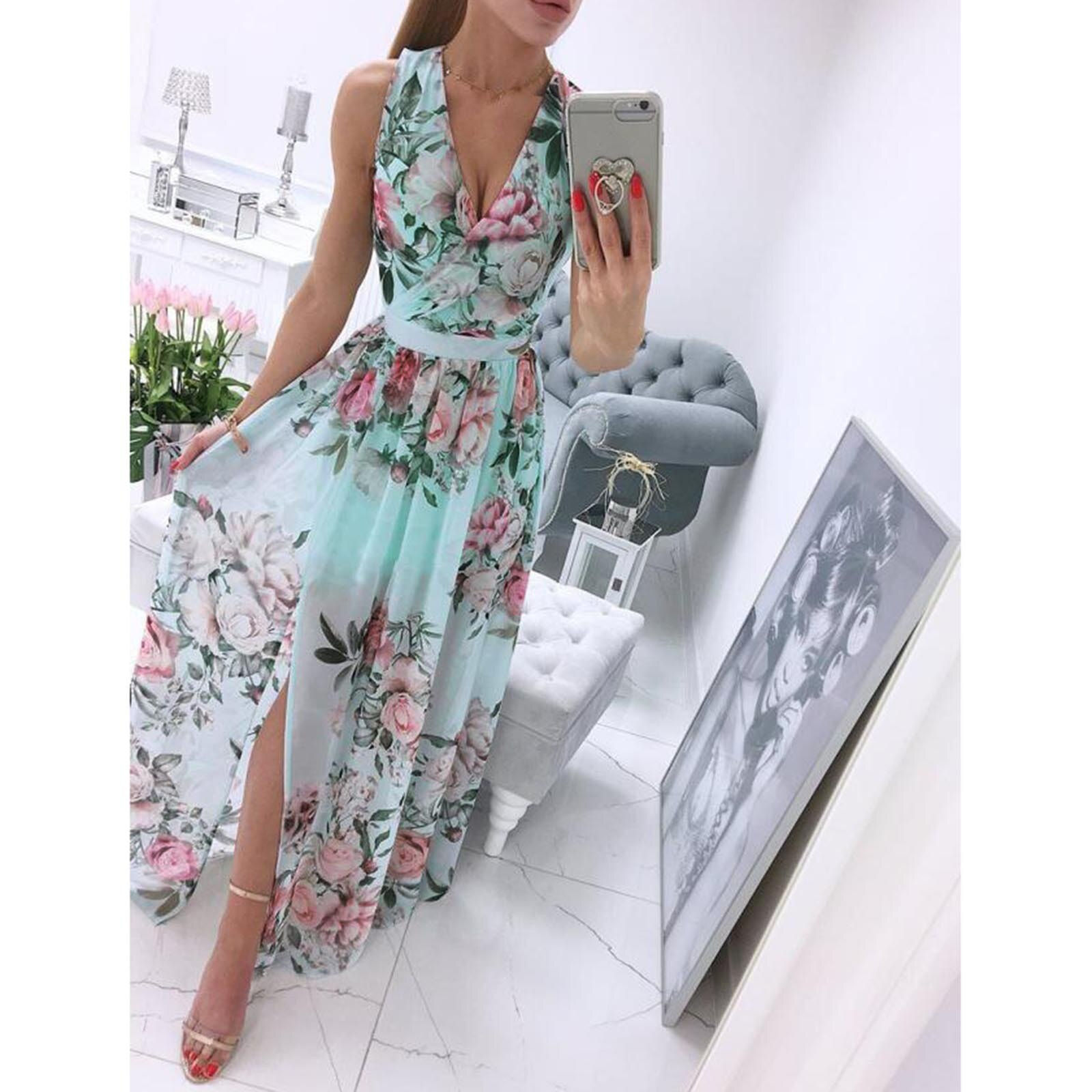 Womens Bohemian Summer Sundress Fashion Maxi Sexy Strap Elegant Floral