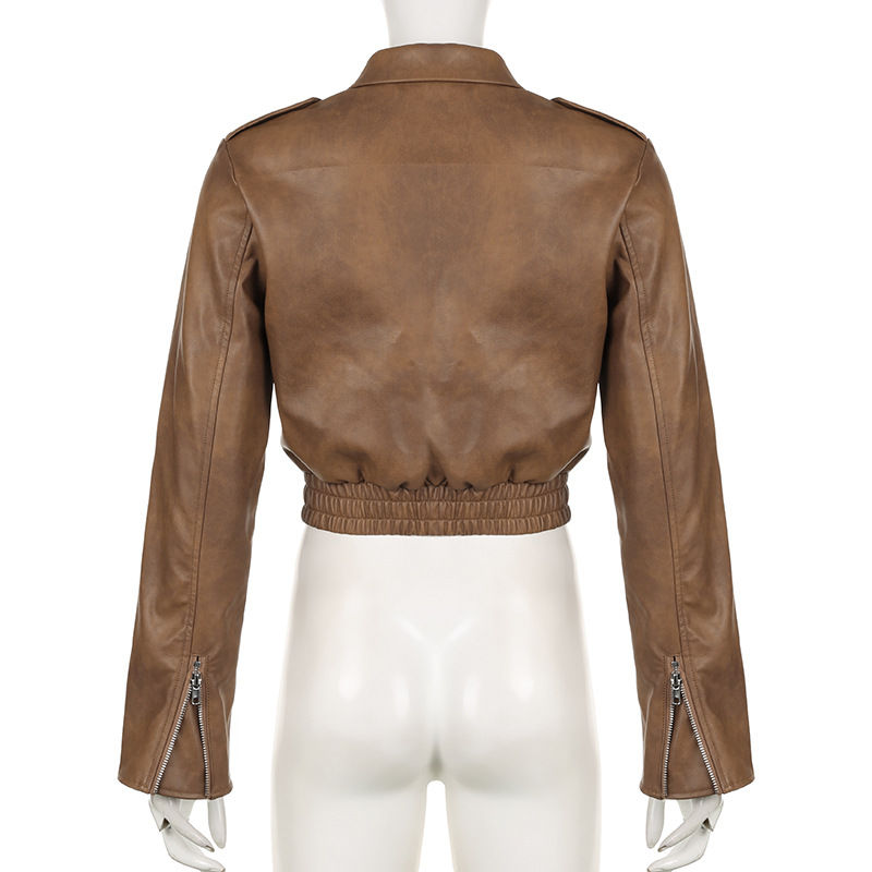 Minijatura: Women's Retro Hong Kong Style Lapel Long-sleeved Leather Jacket