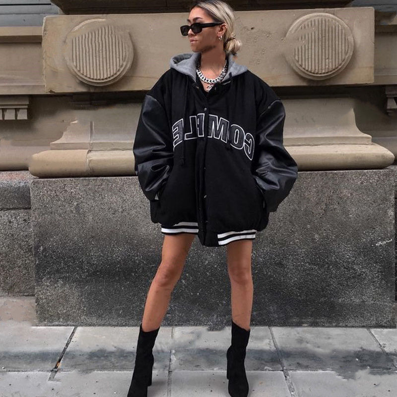 Thumbnail: American Retro Black Hooded Quilted Baseball Jacket