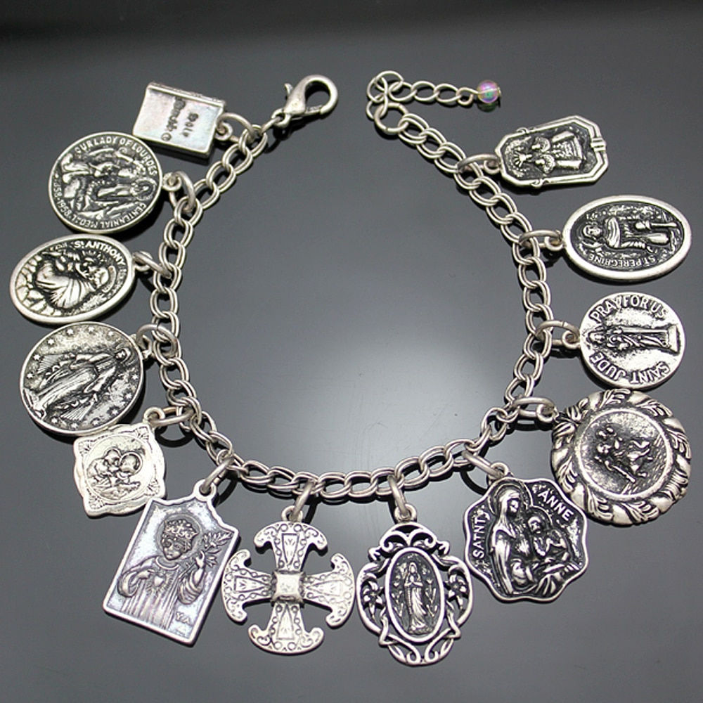 Vintage Bracelet Catholic Religious Church Medals Saints PRAY FOR Cross Pendant