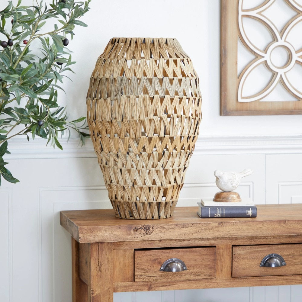 17“ Handmade Woven Brown Plastic Rattan Vase With Black Metal Base Room Ornamen